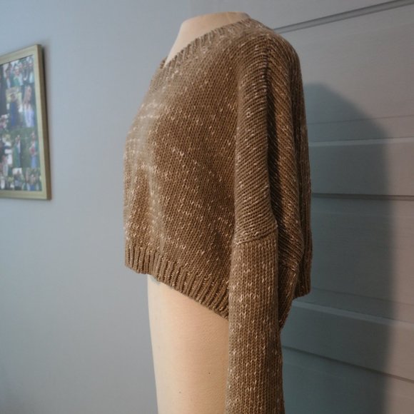 "Don’t Ask Why" Brown and Cream Oversized Puffy Sleeve Cropped Sweater One Size - Picture 2 of 6